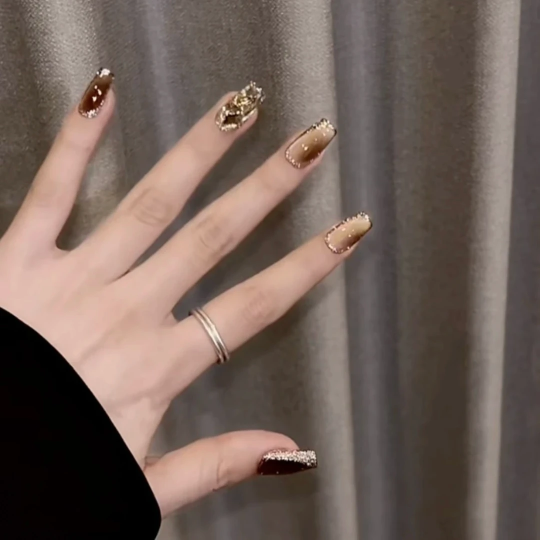 【夜之魅】纯手工棕色猫眼穿戴式美甲秋冬茶色咖色气质穿戴甲指甲贴