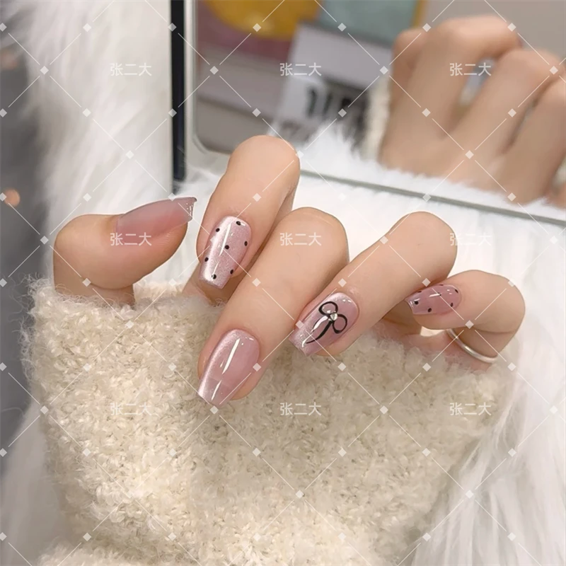 【小领结】纯手工简约粉色猫眼黑色领结穿戴式美甲夏日ins指甲贴