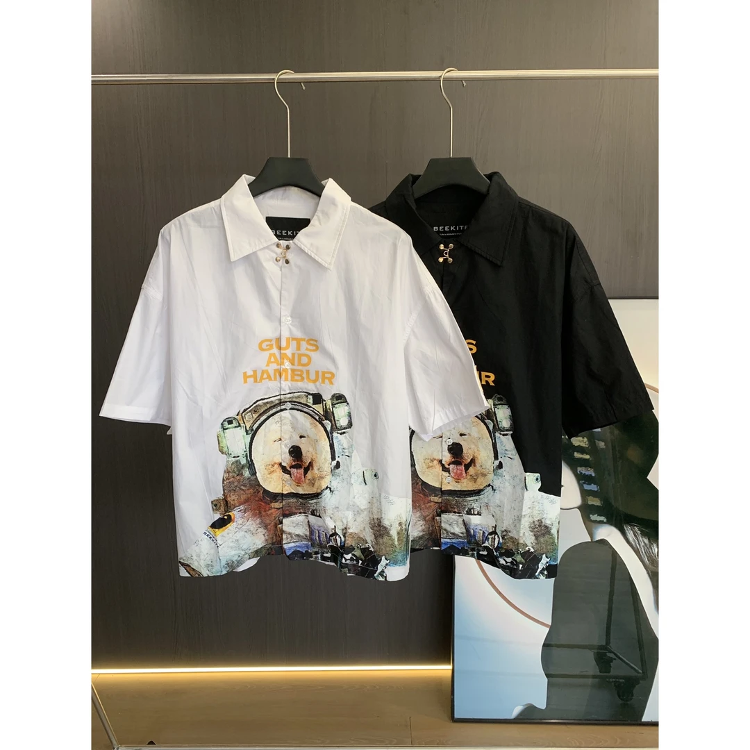 1119-狗狗宇航员图案薄款印花衬衫短袖