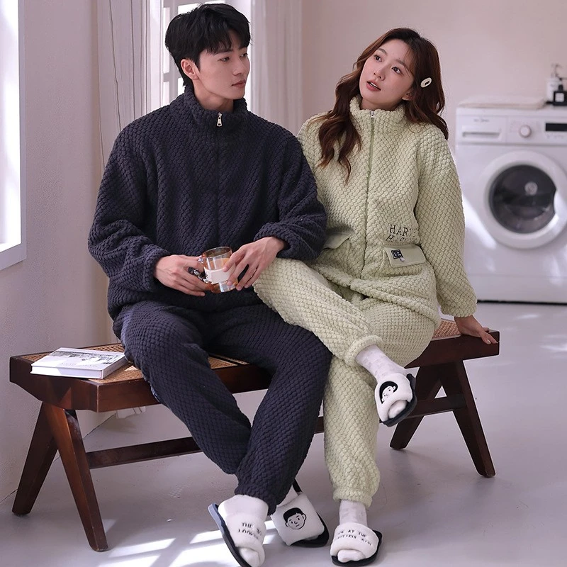 新款情侣款珊瑚绒女睡衣加厚秋冬季保暖长袖时尚舒适家居服拉链