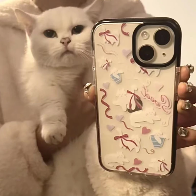小猫蝴蝶结丝带iPhone15/14promax手机壳11耐脏xs/xr透明12/13软8