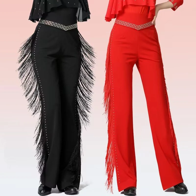 新款拉丁舞裤子女宽松流苏镶钻直筒裤子显瘦遮腹跳舞弹力高腰长裤