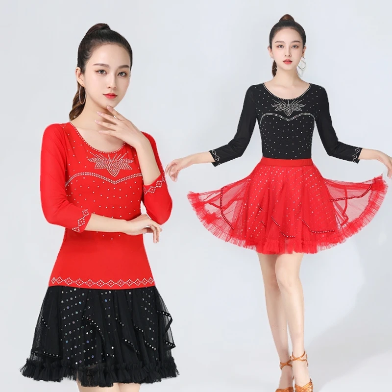 新款拉丁舞服装女烫钻圆领七分袖上衣广场舞吉特巴三步踩跳舞衣服