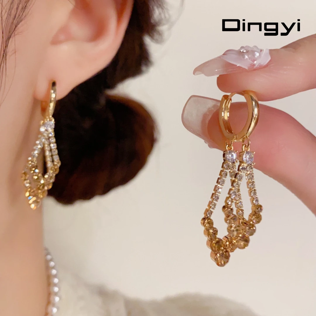 铜合金耳饰 秋冬新款精致时尚咖色满钻双层几何耳扣气质百q