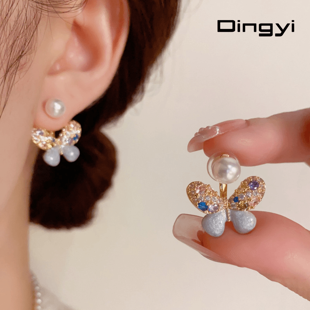铜合金合成锆石耳饰 彩锆石滴油珠珠蝴蝶耳环两戴个性甜美复古
