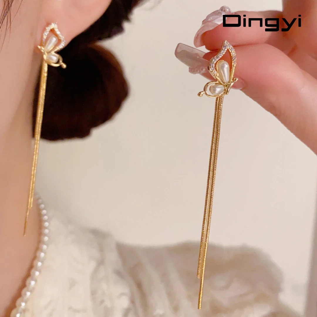 铜合金合成锆石耳饰 夏季时尚小清新微镶锆石珠珠蝴蝶流苏耳坠个