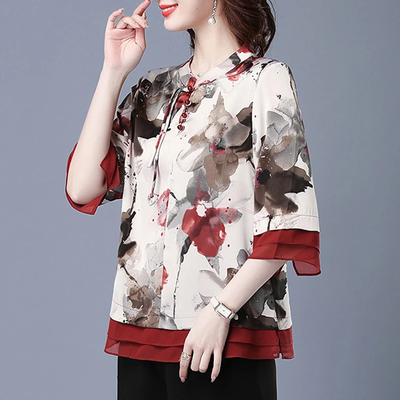 妈妈夏装真丝上衣女2023新款桑蚕丝气质T恤中老年宽松时尚小衫薄