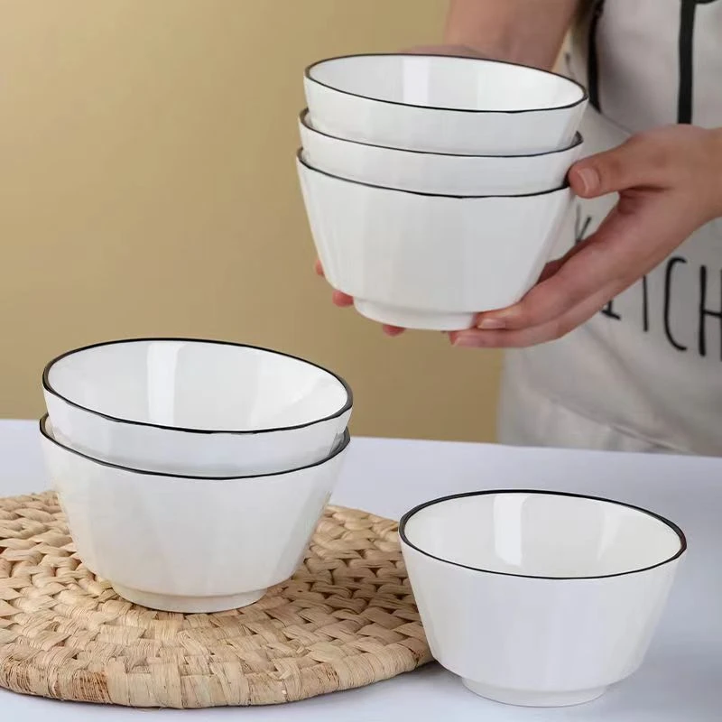 【工厂直销】东房人北欧黑线琉璃家用吃饭4.5英寸米饭碗10只装