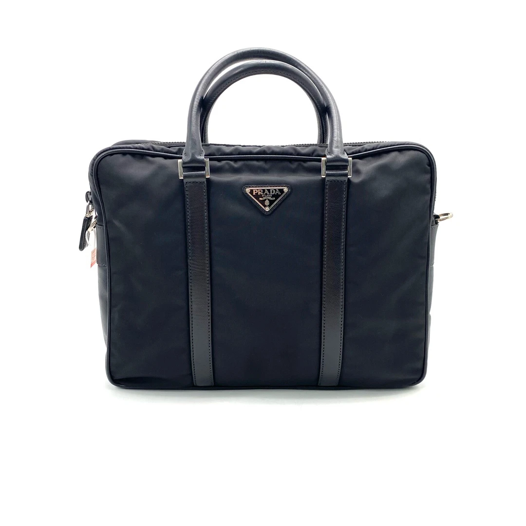95新 Prada/普拉达 黑色尼龙公文包 尺寸36/27男士肩包单肩经典