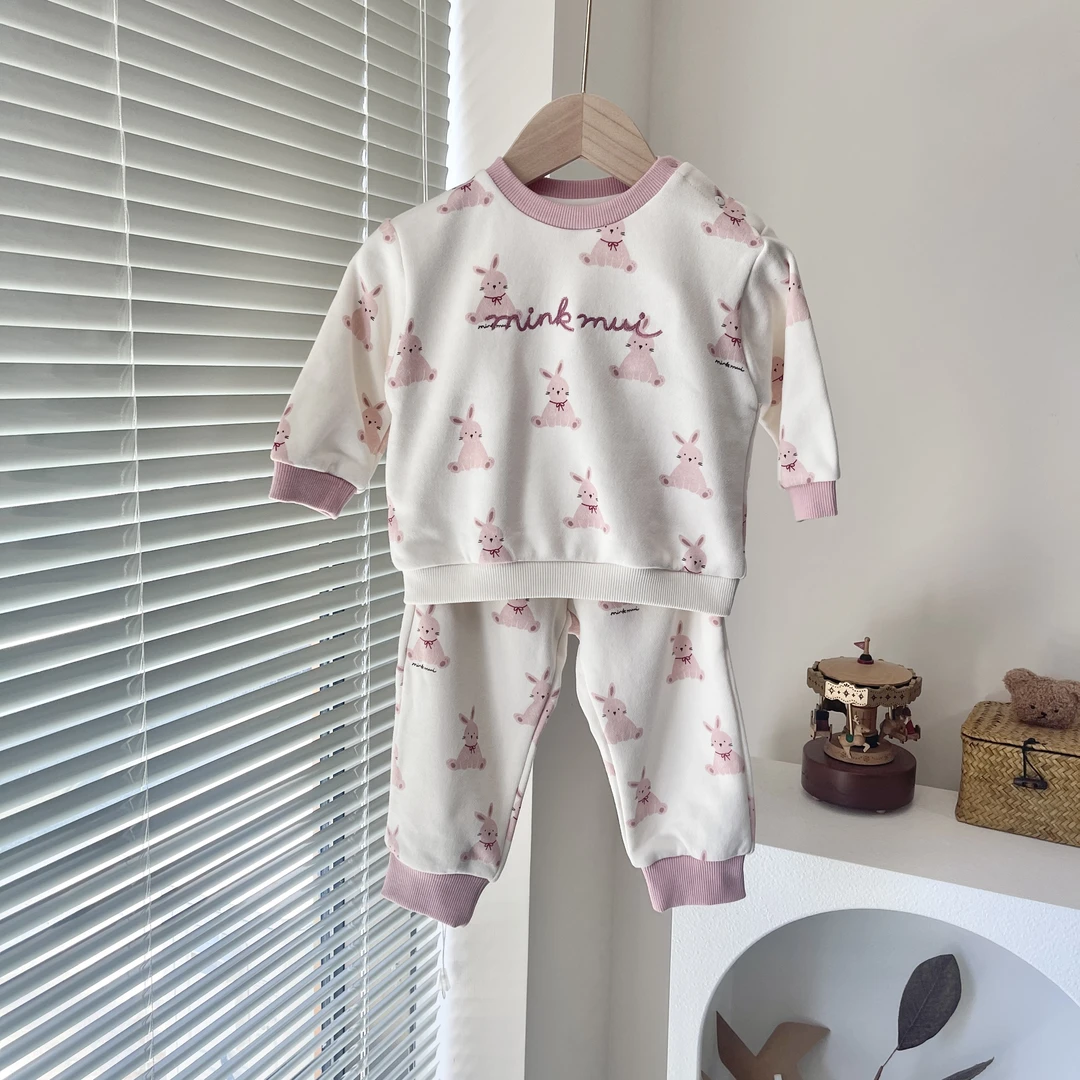 韩单 小星星 粉色满印兔子 卫衣卫裤套装