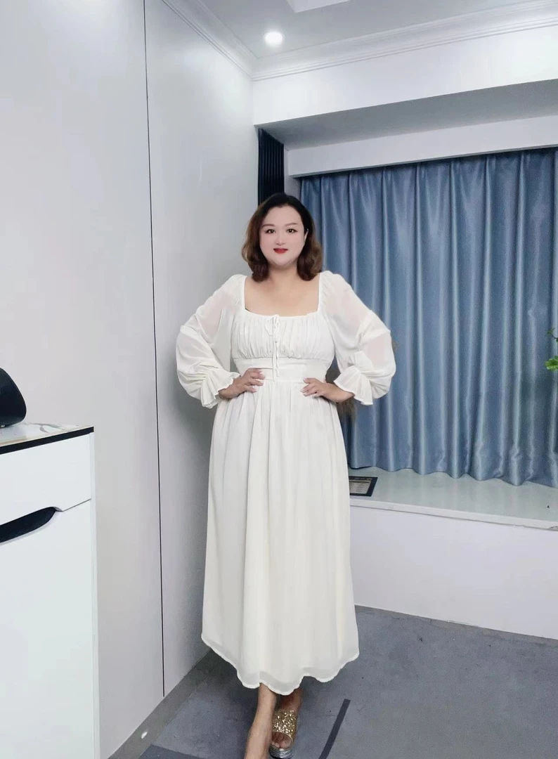 【乔姐严选】米色雪纺甜美优雅修身气质减龄法式方领一字肩大码长裙