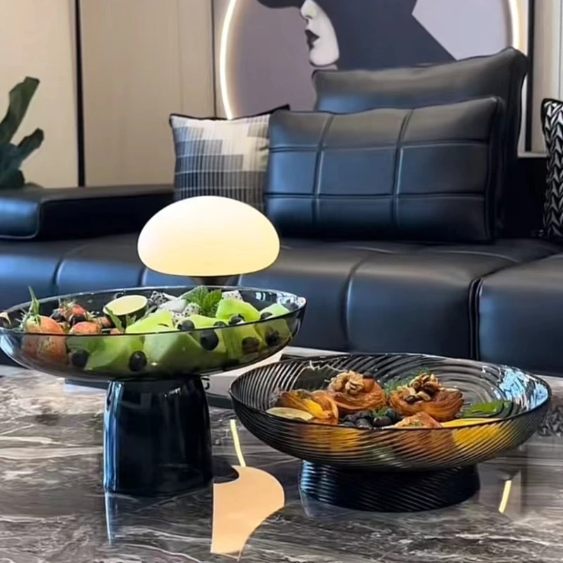 浅灰撞深灰高脚玻璃手工样板间家用艺术茶几摆件干果坚果零食盘