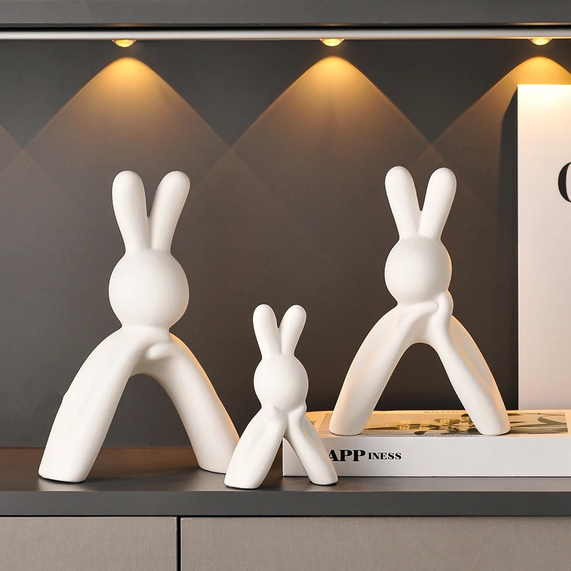 兔年小兔子摆件创意陶瓷一家三口玄关客厅电视柜房间家居装饰品