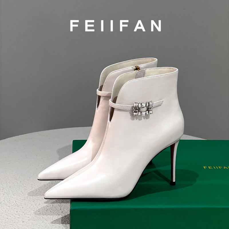 【现货】尖头短靴女2024秋冬新款细跟高跟鞋不累脚法式白色靴子1076