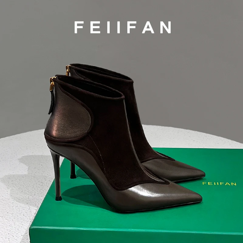 【现货】高跟短靴2024秋冬新款女士细跟不累脚尖头法式棕色靴子3792