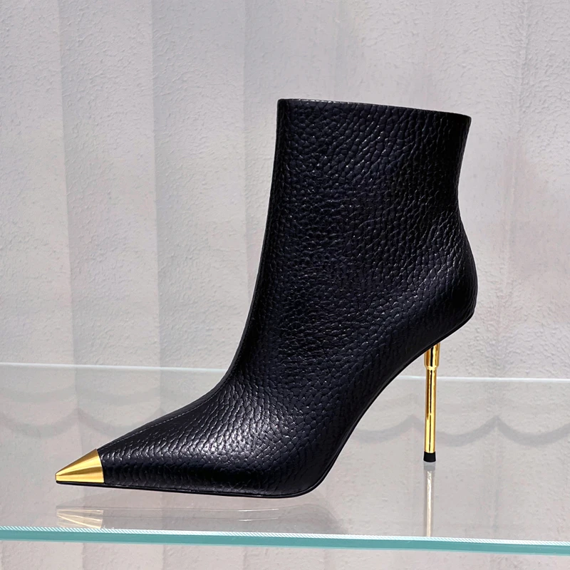 【现货】尖头短靴女2024秋冬新款细跟高跟鞋高级感法式黑色靴子7532