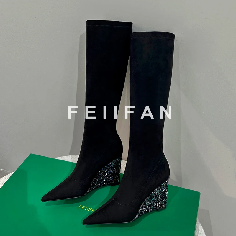 【现货】弹力过膝靴2024秋冬新款女士坡跟气质法式高跟长筒靴子7690