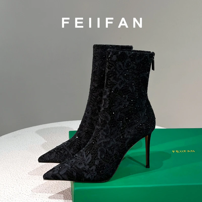 【现货】短靴女瘦瘦靴2024秋冬新款细跟高跟鞋法式蕾丝黑色靴子7556