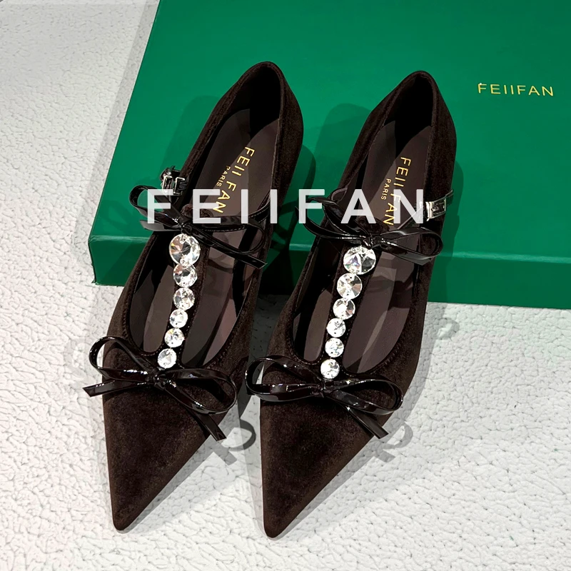 【XH】平底单鞋女2024秋冬新款水钻方扣法式绝美尖头咖色鞋子6604