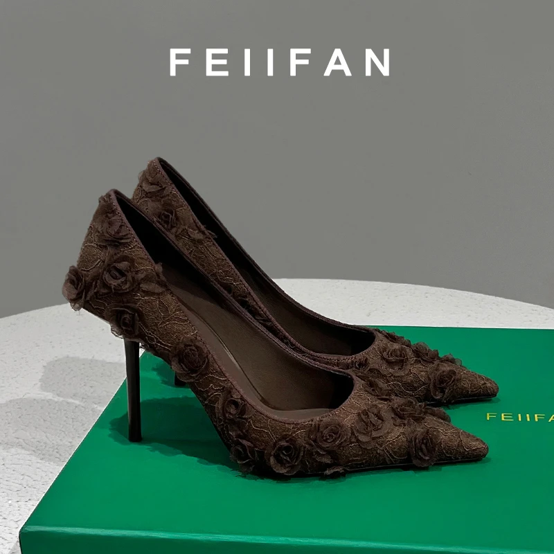 【现货】蕾丝高跟鞋2024春秋新款不累脚细跟法式气质尖头单鞋女7666