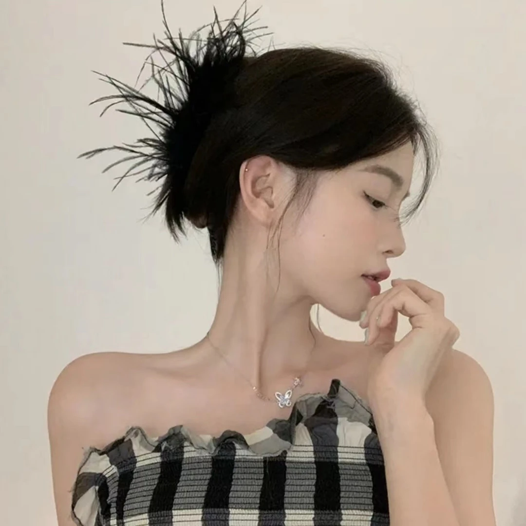 温柔气质超仙毛毛抓夹ins氛围感鲨鱼夹简约头饰发饰发卡甜美时尚