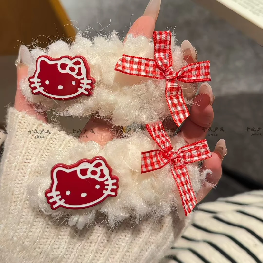 ins毛绒KT猫发夹毛茸茸格子蝴蝶结卡通BB红色发卡少女甜美发饰