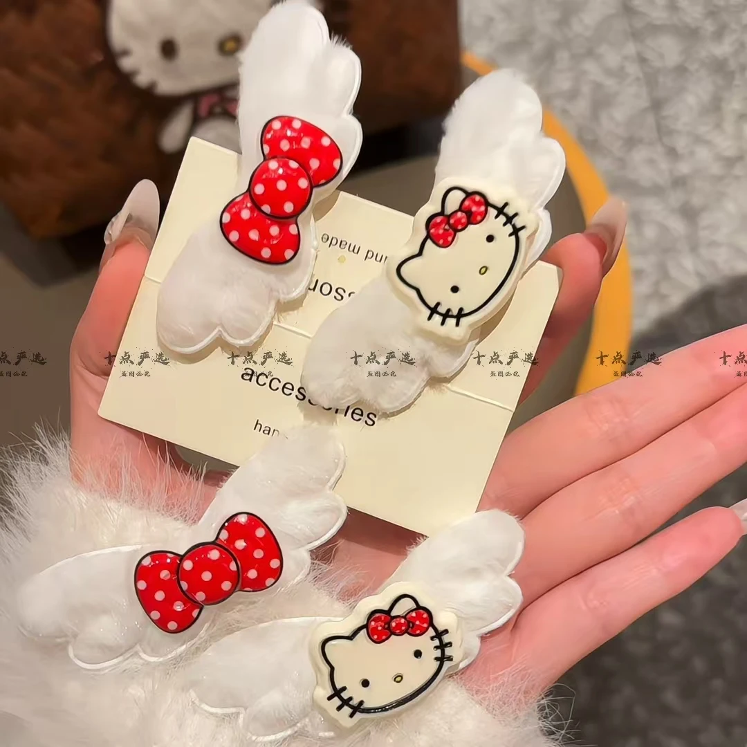 可爱翅膀波点KT猫发夹少女毛茸茸蝴蝶结百搭侧边刘海夹日韩发饰