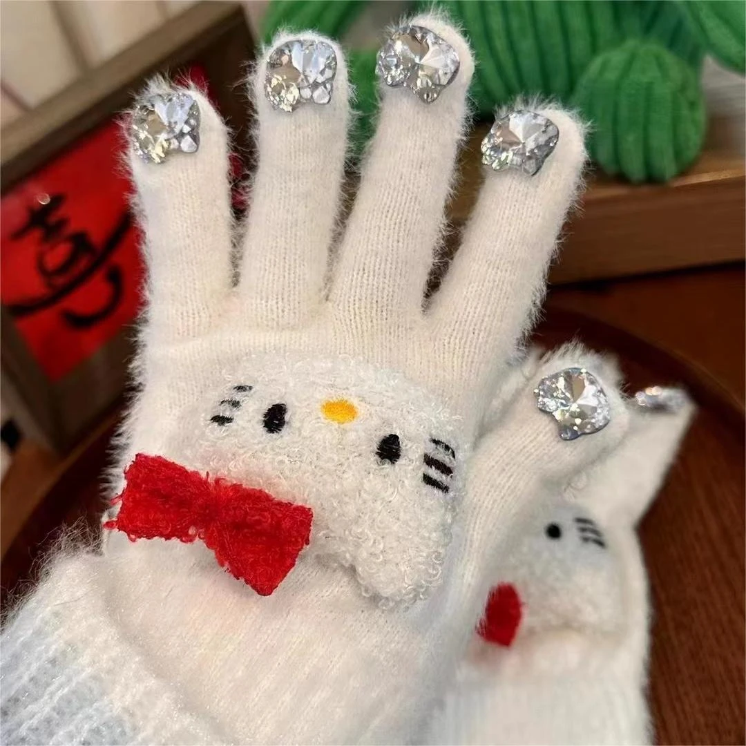 卡通高颜值带水钻凯蒂猫手套冬季保暖水貂毛可爱学生骑行五指手套