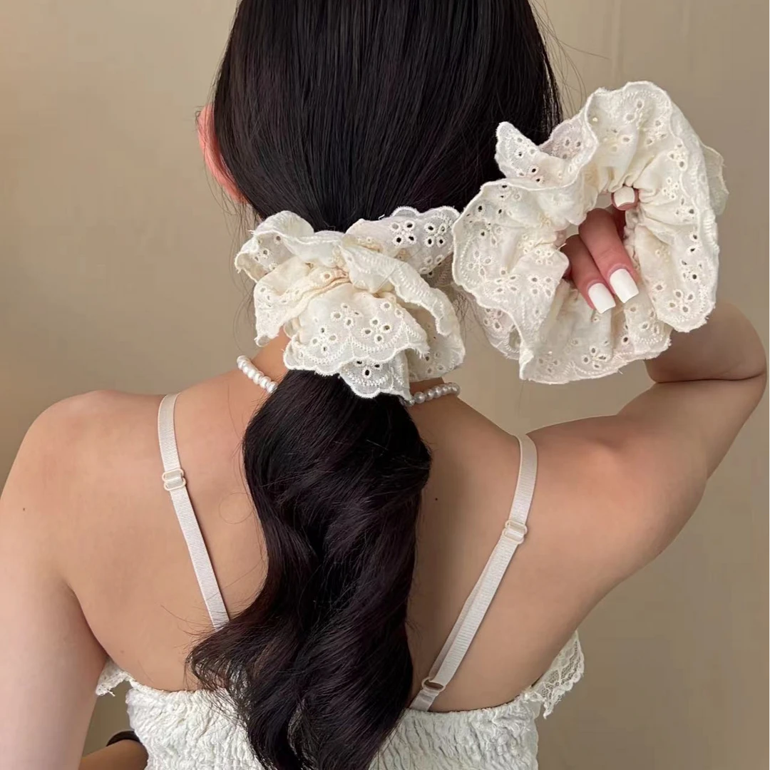 露丝同款双层刺绣镂空蕾丝发圈重工花边法式大肠发圈甜美超仙头绳