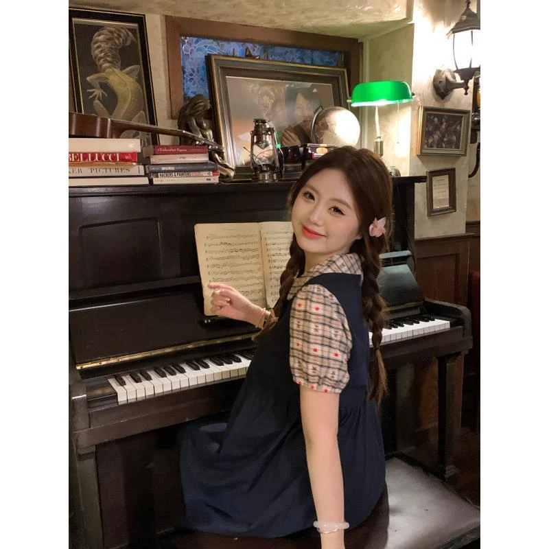 复古网红【Yez1】 “松茶可可“温柔百搭甜美休闲深色短连衣裙格子