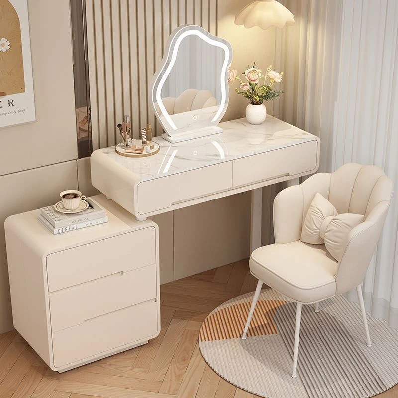 现代简约梳妆台奶油风岩板小户床头柜一烤漆化妆桌简约化妆桌白色