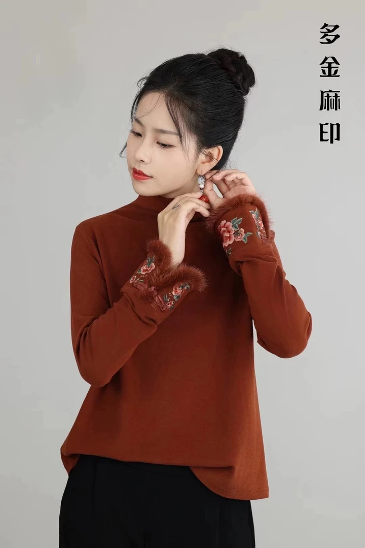 麻印2024复古民族风高弹双面磨毛德绒半高领水貂毛刺绣长袖打底衫
