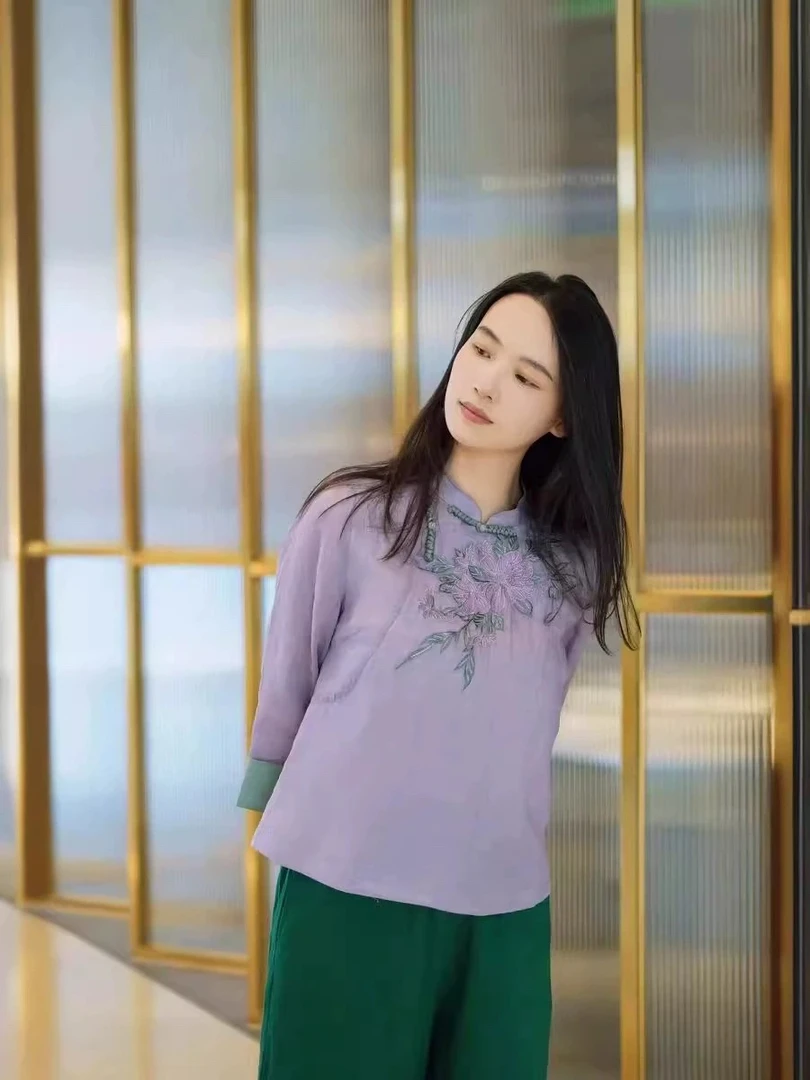 大吉新款春夏装女衬衣镂空翻领衬衫中袖中式亚麻上衣绣花茶服上衣