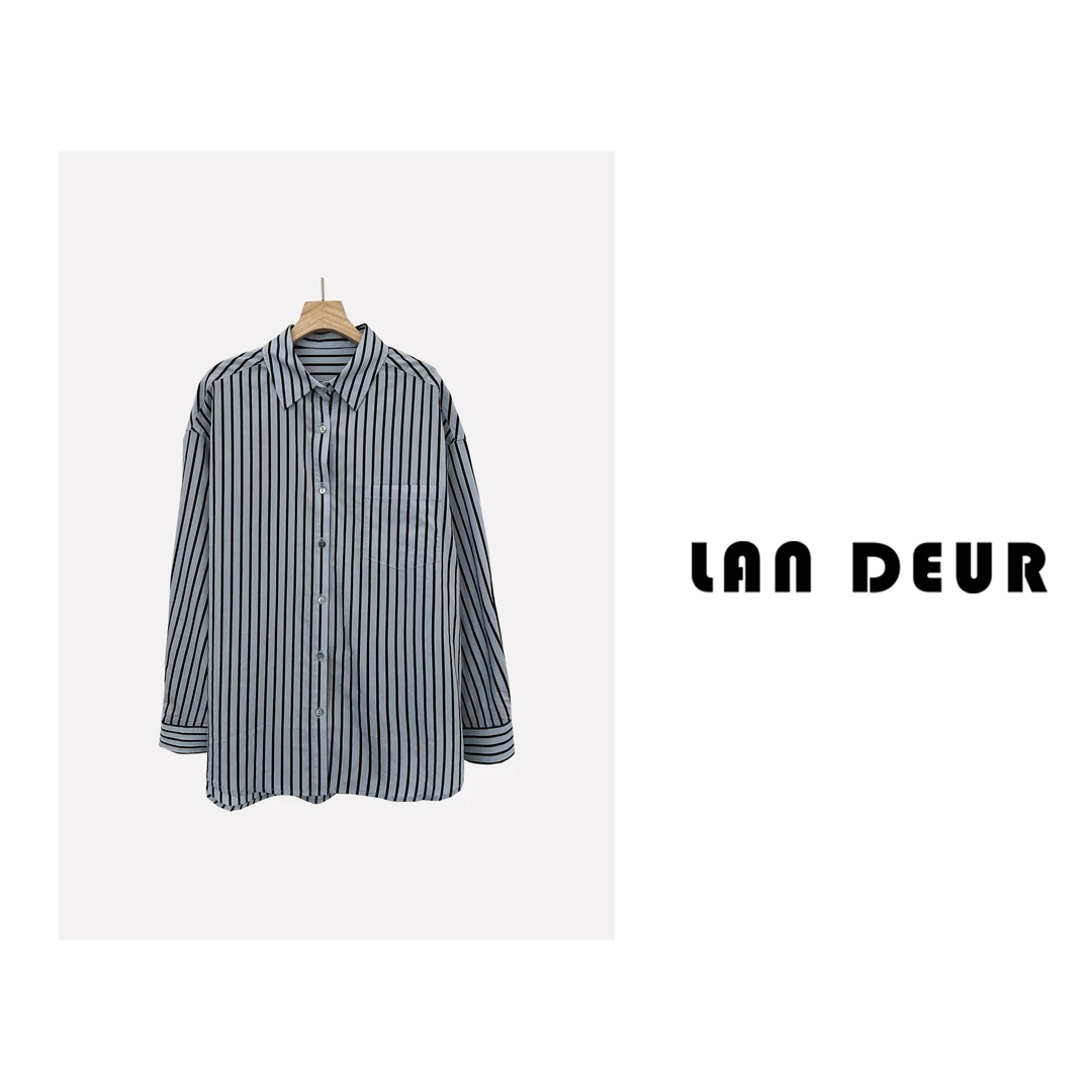 KEKE【情绪岛】韩版时尚条纹复古衬衫小众款衬衣女上衣