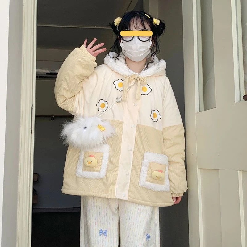 原创设计冬季加绒棉服拼接毛绒可爱软妹宽松灯芯绒连帽ins外套