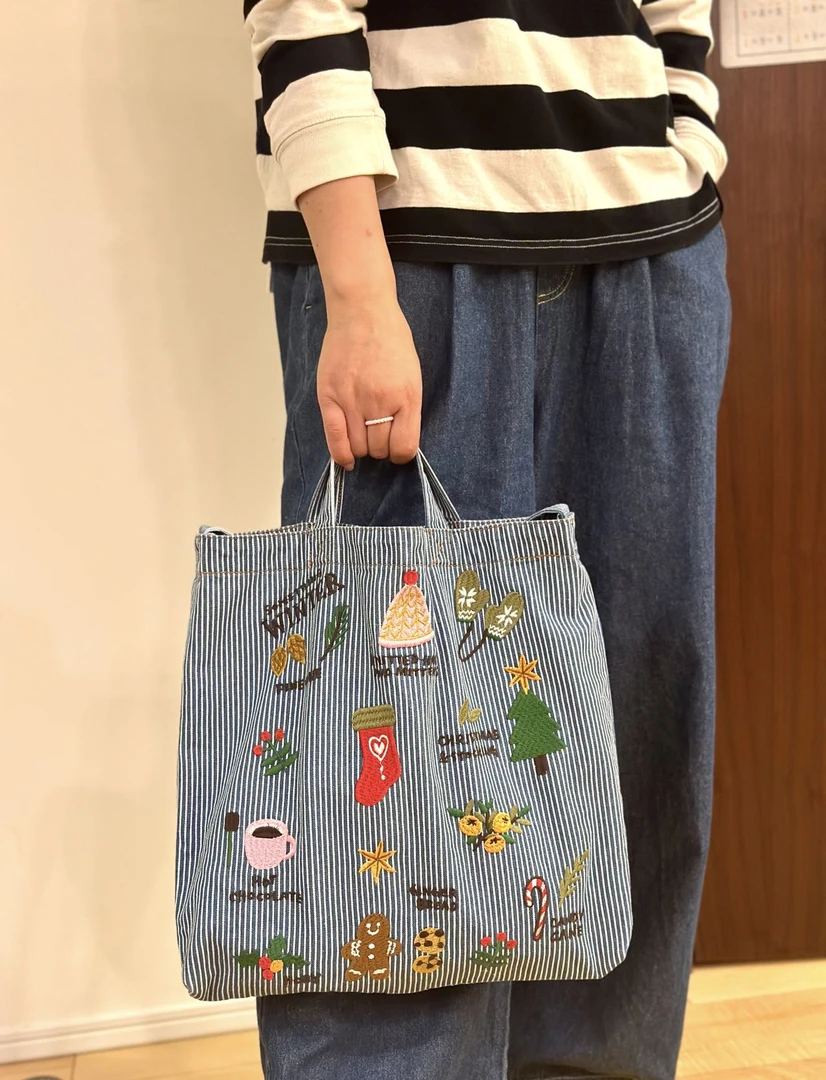 条纹牛仔竖款单肩斜挎手拎三用刺绣包 圣诞版