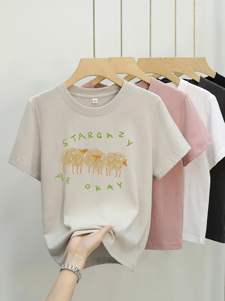 艾格线条3只羊 夏季印花短款显瘦百搭休闲设计感小众设计师t恤