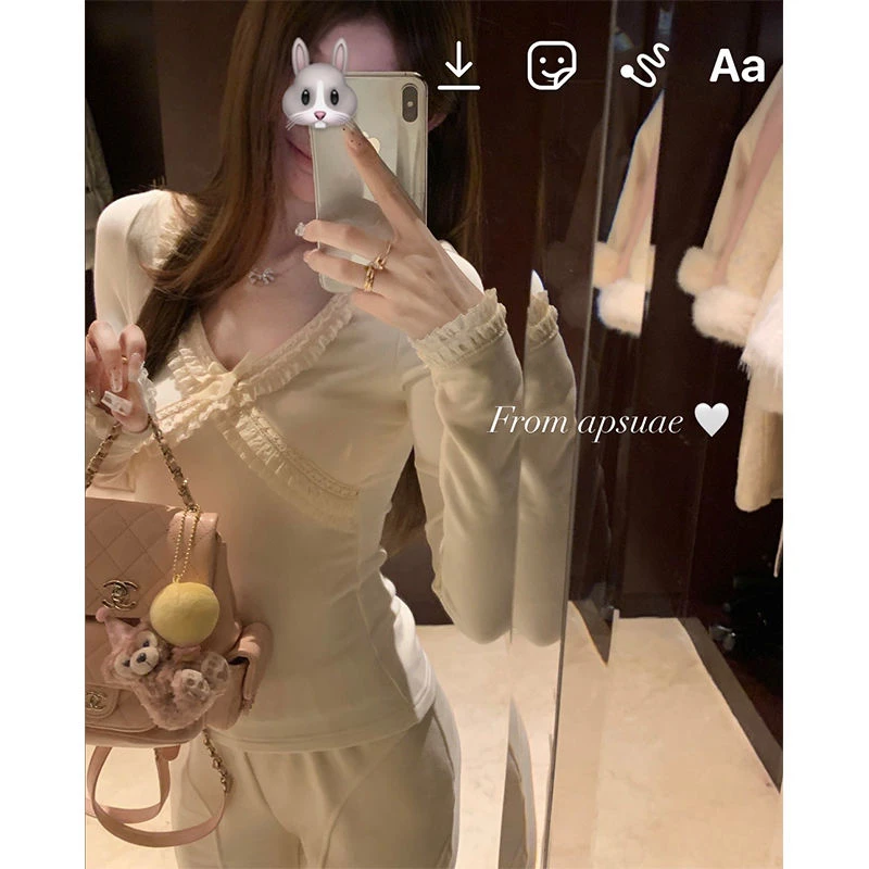 设计感蕾丝边v领拼接打底衫秋冬新款修身显瘦蝴蝶结纯欲辣妹上衣