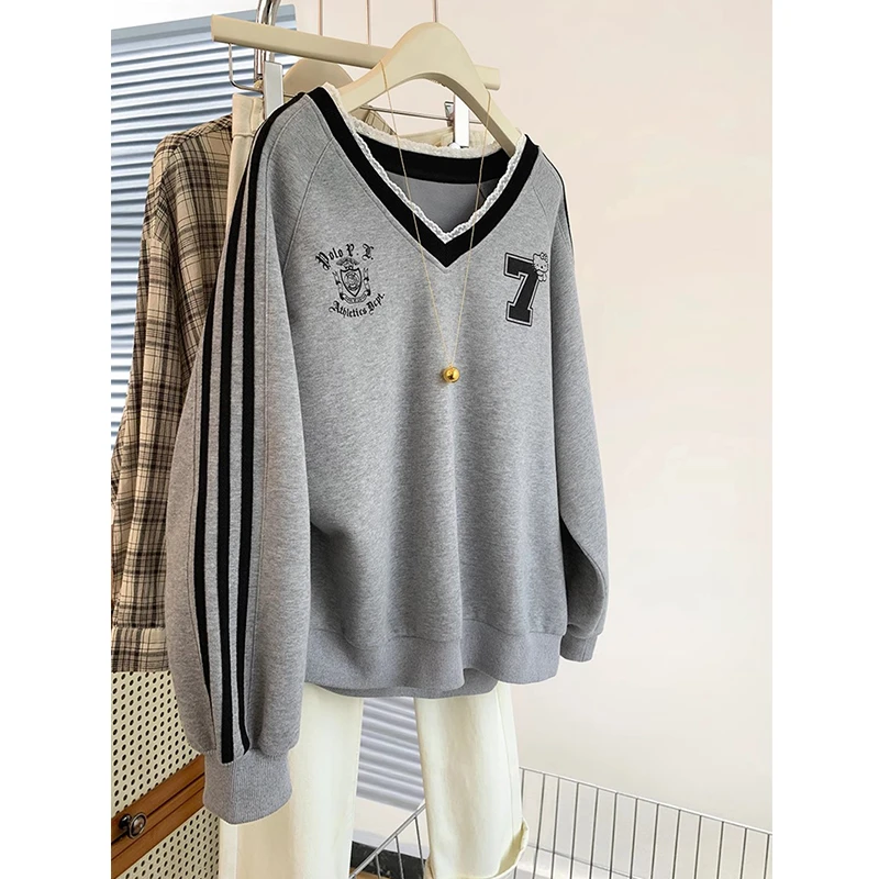 韩版字母印花V领长袖卫衣女秋季新款撞色蕾丝拼接宽松显瘦上衣潮