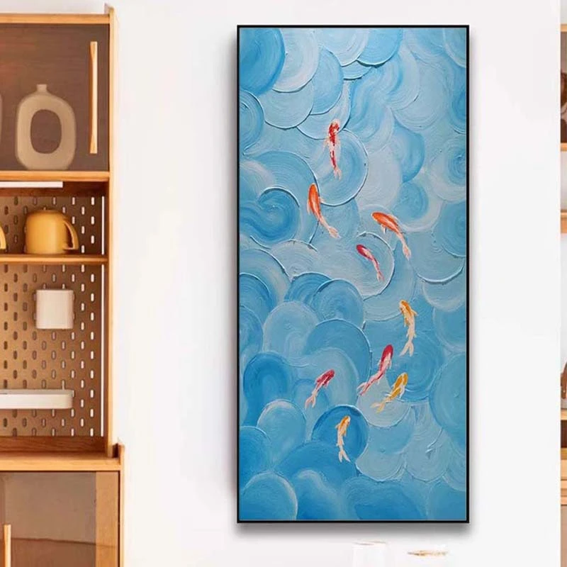 张文学《九鱼图》锦鲤好运新中式装饰画书房办公室沙发背景挂画