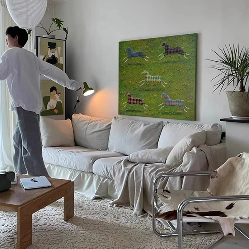 法式复古客厅落地装饰画小众艺术斑马壁画玄关柜过道走廊动物挂画