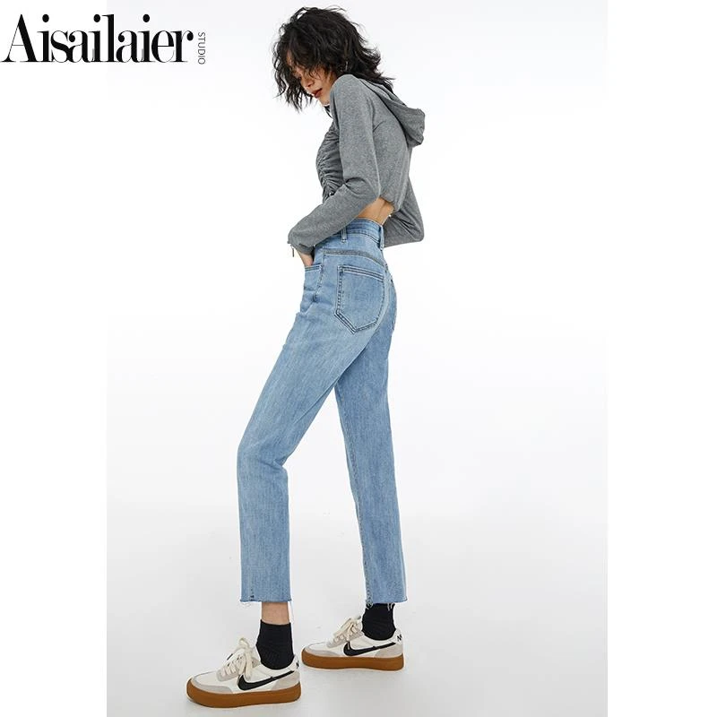 【蓝雾】浅色直筒牛仔裤女宽松2023年新款弹力小个子八分毛边烟管裤
