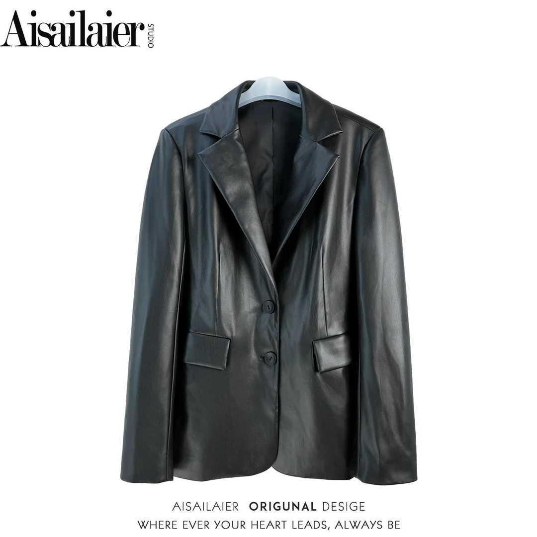 【骑士】港风时尚休闲设计感炸街复古黑色PU西装皮衣外套女宽松外套