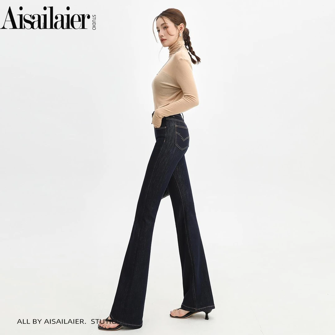 丹宁色高腰微喇牛仔裤女2025年春季新款修身显瘦小个子喇叭马蹄裤