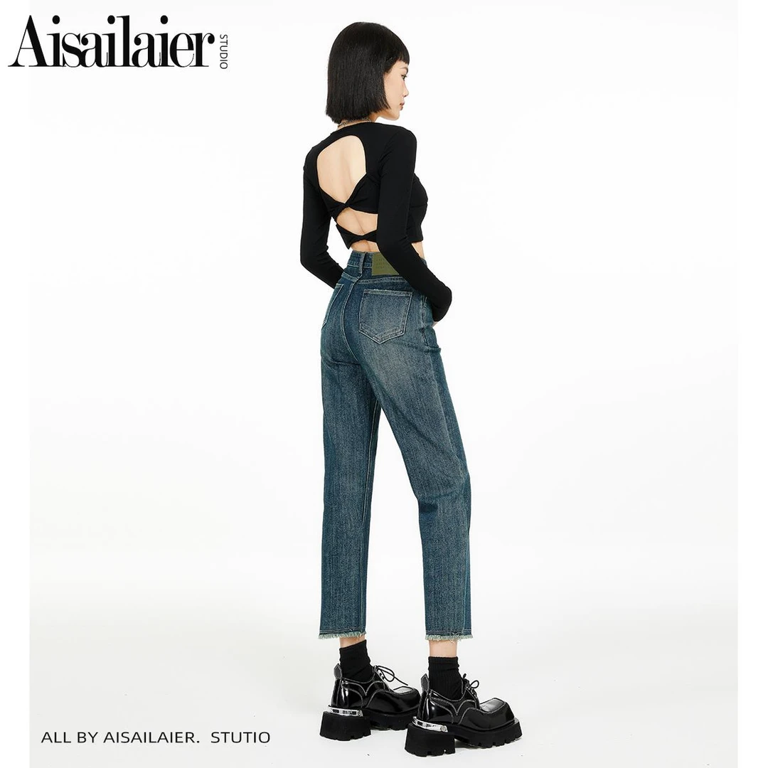 【海棠】复古高腰牛仔直筒裤女2025年秋季新款显瘦大码九分烟管裤