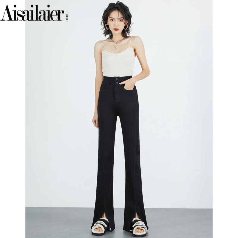 黑色开叉高腰直筒牛仔裤女马蹄裤2023年春季新款弹力显瘦喇叭裤潮