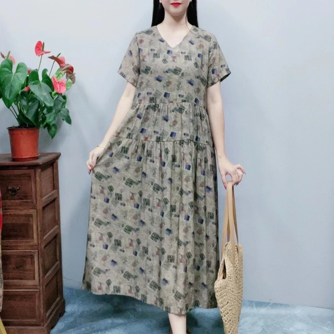 1071新款夏季韩版连衣裙显瘦气质时尚印花洋气复古a字连衣裙长裙