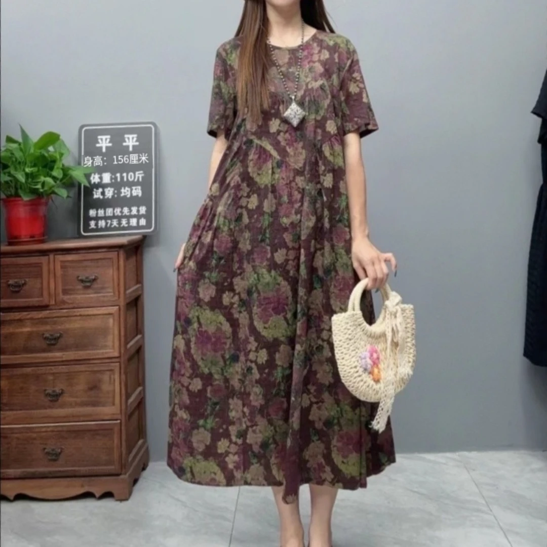 3517夏季新款反季气质时尚复古遮肚宽松女显瘦百搭圆领休闲连衣裙