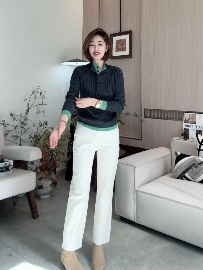 FIGO LOVE 冬季百搭显瘦小直筒加绒高腰牛仔裤1110