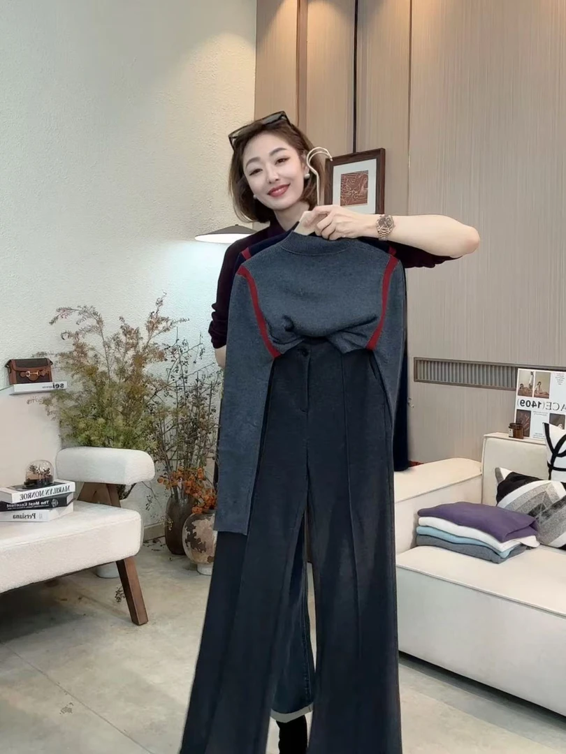 FIGO LOVE 通勤百搭拼接坑条长袖针织上衣17198